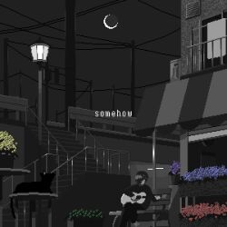Rule 34 | 1other, absurdres, acoustic guitar, ambiguous gender, animated, animated gif, bench, cat, crescent moon, flower, guitar, highres, holding, holding instrument, instrument, lamppost, mae 1031, moon, music, night, original, outdoors, partially colored, pixel art, playing instrument, railing, short hair, sitting, solo, stairs