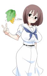 Rule 34 | 1girl, alternate breast size, breasts, brown eyes, brown hair, frown, glasses, head tilt, large breasts, looking at viewer, natsumi hajime, saki (manga), shibuya takami, short hair, simple background, solo, v, white background