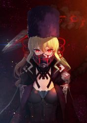 Rule 34 | 1girl, black jacket, blonde hair, breasts, code vein, commentary request, fur hat, hair between eyes, hat, highres, jacket, long hair, looking at viewer, mask, mia karnstein, mouth mask, nakamura eight, papakha, red eyes, small breasts, solo, tail