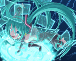 Rule 34 | 1girl, aqua eyes, aqua hair, binary, bit (artist), bit (keikou syrup), curved monitor, detached sleeves, display, floating screen, hatsune miku, holographic interface, holographic monitor, leaning forward, long hair, microphone, monitor, necktie, open mouth, screen, solo, thighhighs, twintails, very long hair, vocaloid