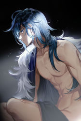 Rule 34 | 1boy, abs, ahoge, bare shoulders, black background, blue cape, blue eyes, blue hair, cape, closed mouth, collarbone, commentary request, dark-skinned male, dark skin, dr.k, earrings, expressionless, eyelashes, fur-trimmed cape, fur trim, genshin impact, glint, hair down, hair over shoulder, highres, jewelry, kaeya (genshin impact), light particles, long hair, male focus, navel, parted bangs, profile, sidelocks, sitting, solo, star-shaped pupils, star (symbol), stomach, swept bangs, symbol-shaped pupils