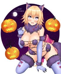 Rule 34 | 1girl, :d, absurdres, animal ears, arm support, bad id, bad pixiv id, black nails, blonde hair, blue eyes, blue thighhighs, bow, braid, breasts, claws, cosplay, elbow gloves, fang, fate/apocrypha, fate/grand order, fate (series), full moon, fur trim, gloves, halloween costume, happy halloween, highres, jack-o&#039;-lantern, jeanne d&#039;arc (fate), jeanne d&#039;arc (ruler) (fate), keshigomu, lace, lace-trimmed gloves, lace-trimmed legwear, lace trim, large breasts, looking at viewer, mash kyrielight, mash kyrielight (dangerous beast), mash kyrielight (dangerous beast) (cosplay), moon, nail polish, navel, o-ring, official alternate costume, open mouth, pink bow, pumpkin, purple eyes, revealing clothes, single braid, smile, solo, tail, thighhighs, wolf ears, wolf tail