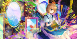 Rule 34 | 1girl, alice margatroid, alice margatroid (pc-98), blonde hair, blue eyes, blue skirt, book, bow, colorful, commentary request, flower, frilled skirt, frills, grimoire of alice, hair bow, hair over one eye, kazu (muchuukai), legs, light particles, looking down, mirror, open book, puffy short sleeves, puffy sleeves, reading, ribbon, rose, shirt, short hair, short sleeves, skirt, solo, star (symbol), suspenders, tiles, touhou, touhou (pc-98), white shirt