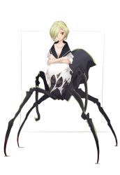Rule 34 | 1girl, akaume, black sailor collar, blonde hair, crossed arms, extra eyes, female focus, hair over one eye, insect girl, looking at viewer, monster girl, original, oversized clothes, sailor collar, solo, spider girl, taur, torn clothes, white background