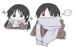 Rule 34 | ..., 1girl, black eyes, black hair, brown coat, chito (shoujo shuumatsu ryokou), coat, covered mouth, grey scarf, highres, looking at viewer, multiple views, scarf, shoujo shuumatsu ryokou, simple background, sparkle, speech bubble, tobippi, twintails, upper body, white background