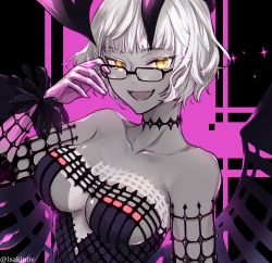 Rule 34 | 1girl, breasts, colored skin, fang, fate/grand order, fate (series), glasses, grey hair, grey skin, horns, jacques de molay (foreigner) (fate), jacques de molay (foreigner) (third ascension) (fate), medium breasts, sukiniyaru, twitter username, yellow eyes