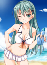 Rule 34 | 10s, 1girl, beach, bikini, bikini skirt, blue sky, bottle, breasts, cleavage, cloud, collarbone, contrapposto, day, female focus, green eyes, green hair, grin, hair ornament, hairclip, hand on own hip, hisae (hisae collect), kantai collection, large breasts, matching hair/eyes, navel, one eye closed, open mouth, outdoors, ramune, silver hair, sky, smile, solo, standing, suzuya (kancolle), swimsuit, white bikini