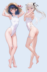 Rule 34 | 2girls, armpits, arms up, ass, bare legs, bare shoulders, barefoot, black hair, blush, bracelet, breasts, closed mouth, covered navel, food-themed hair ornament, hair ornament, hair ribbon, hand on headwear, hat, highleg, highleg swimsuit, highres, ichigo-chan (mignon), jewelry, kouhai-chan (mignon), long hair, looking at viewer, medium hair, mignon, multiple girls, one-piece swimsuit, original, purple eyes, red eyes, ribbon, shiny skin, small breasts, smile, standing, straw hat, strawberry hair ornament, sun hat, swimsuit, thigh strap, toes, white hair, white one-piece swimsuit