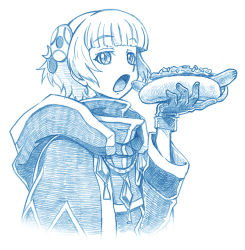 Rule 34 | 10s, 1girl, bbb (friskuser), blue theme, blunt bangs, cloak, commentary request, food, gloves, greyscale, hair ornament, holding, holding food, hood, hood down, hooded cloak, hot dog, looking at viewer, meteora osterreich, monochrome, open mouth, ponytail, re:creators, solo, upper body, white background