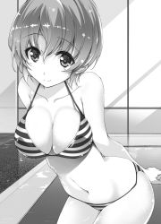 Rule 34 | 1girl, absurdres, arms behind back, bare shoulders, bikini, breasts, cleavage, collarbone, cowboy shot, exodus reactors, highres, legs together, looking at viewer, medium breasts, midriff, monochrome, navel, novel illustration, official art, poolside, scan, short hair, smile, standing, striped bikini, striped clothes, swimsuit, thighs, won (az hybrid), yusaki tomomi