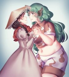 Rule 34 | 2girls, ajirogasa, belly, breasts, brown hair, capelet, collared shirt, crop top, curly hair, dress, eye contact, green eyes, green hair, holding hands, hat, height difference, horns, imminent kiss, komano aunn, large breasts, long hair, looking at another, midriff, multiple girls, navel, orz (kagewaka), parted lips, plump, shirt, single horn, touhou, yatadera narumi, yuri