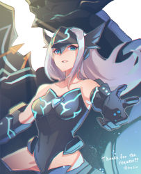 Rule 34 | 1girl, armor, blue eyes, chest jewel, dragon, gloves, herald (xenoblade), hey cre, highres, leotard, long hair, open mouth, signature, simple background, solo, white background, xenoblade chronicles (series), xenoblade chronicles 2