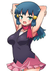 Rule 34 | 00s, 1girl, alternate breast size, aqua eyes, arms behind head, arms up, blue hair, blush, chro (rulurullu), creatures (company), dawn (pokemon), fang, game freak, hair ornament, hairclip, long hair, looking at viewer, miniskirt, nintendo, no headwear, open mouth, pink skirt, pokemon, pokemon dppt, red scarf, scarf, simple background, skirt, smile, solo, upper body, white background