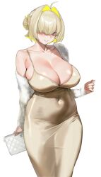 Rule 34 | 1girl, ahoge, alternate costume, armpit crease, blonde hair, blush, breasts, cleavage, collarbone, covered navel, dress, elegg (nikke), fur jacket, goddess of victory: nikke, hair bun, hair intakes, hair over one eye, highres, huge breasts, jacket, light brown hair, looking at viewer, multicolored hair, one eye covered, pinkmill, simple background, single bare shoulder, single side bun, skindentation, smile, solo, streaked hair, taut clothes, taut dress, two-tone hair, white background