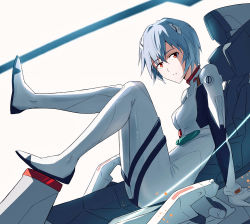 Rule 34 | 1girl, arm support, ayanami rei, blue hair, bodysuit, breasts, cockpit, commentary, expressionless, full body, highres, interface headset, legs up, looking at viewer, medium breasts, neon genesis evangelion, parted lips, plugsuit, red eyes, short hair, sitting, solo, white bodysuit, yakisobaosu