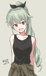 Rule 34 | 10s, 1girl, :d, alternate hairstyle, anchovy (girls und panzer), arms behind back, black ribbon, black shirt, clothes around waist, drill hair, girls und panzer, green hair, grey background, grey jacket, hair ribbon, head tilt, jacket, jacket around waist, long hair, looking at viewer, muted color, mutsu (layergreen), open mouth, ponytail, red eyes, ribbon, shirt, single drill, smile, solo, standing, tank top, upper body, very long hair