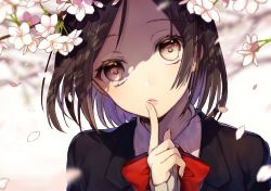 Rule 34 | 1girl, black eyes, black hair, blazer, bob cut, bow, bowtie, cherry blossoms, finger to mouth, highres, jacket, original, petals, short hair, sogawa, solo, symbol-shaped pupils, upper body