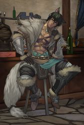 Rule 34 | 1boy, abs, animal ears, artist name, warrior of light (ff14), bar (place), bare pectorals, barrel, belt, black hair, blue eyes, brown belt, brown footwear, brown gloves, cat boy, cat ears, character request, chest harness, collarbone, commentary, commission, cork, dark-skinned male, dark skin, earrings, elbow gloves, english commentary, facial mark, final fantasy, final fantasy xiv, fur trim, gloves, gorget, hair between eyes, harness, highres, indoors, jewelry, jouvru, male focus, muscular, open clothes, pectorals, shelf, short hair, sitting, solo, stone floor, stool, symbol-only commentary, tavern, thick eyebrows, watermark, whisker markings