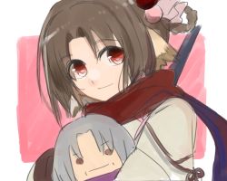Rule 34 | 1boy, 1girl, age difference, animal ears, aquaplus, braid, brown eyes, brown hair, closed mouth, family, from side, fugito, gradient eyes, grey hair, highres, inui (utawarerumono), looking at viewer, multicolored eyes, raised eyebrows, red eyes, red scarf, scarf, sidelocks, smile, subtoka, ukon (utawarerumono), upper body, utawarerumono, utawarerumono: lost flag
