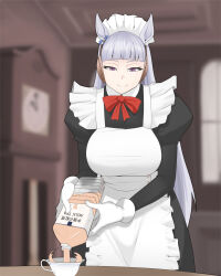 Rule 34 | 1girl, absurdres, alternate costume, animal ears, apron, assha (schector), black dress, blunt bangs, blurry, blurry background, bottle, bow, bowtie, breasts, clock, closed mouth, commentary request, cowboy shot, cup, dress, enmaided, frilled apron, frills, gloves, gold ship (umamusume), grandfather clock, greyscale, highres, holding, holding bottle, horse ears, horse girl, indoors, juliet sleeves, large breasts, long hair, long sleeves, looking down, maid, milk tea, monochrome, puffy sleeves, purple eyes, red bow, red bowtie, short bangs, smile, solo, table, tea, teacup, umamusume, white apron, white gloves