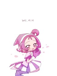 Rule 34 | 1girl, :d, ao (aoi drm), blush, boots, commentary request, dated, dress, earrings, full body, gloves, hands up, hat, jewelry, looking at viewer, magical girl, ojamajo doremi, one side up, open mouth, purple dress, purple eyes, purple footwear, purple gloves, purple hair, purple hat, segawa onpu, short hair, sitting, smile, solo, witch hat
