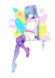 Rule 34 | 1girl, :&lt;, absurdres, ahoge, aqua eyes, aqua hair, arm support, bare shoulders, camisole, collarbone, commentary, creature, detached collar, flat chest, full body, hair ornament, hatsune miku, headphones, highres, leg up, long hair, looking at viewer, miniskirt, pink footwear, polka dot, polka dot legwear, purple thighhighs, redial (vocaloid), rocket, shoulder tattoo, skindentation, skirt, smile, solo, spaghetti strap, tattoo, thighhighs, twintails, very long hair, vocaloid, wb yimo, white background, white camisole, white skirt, wristband, zettai ryouiki
