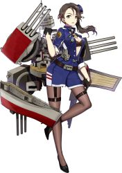 Rule 34 | 1girl, azur lane, belt, bikini, bikini top only, black belt, black bikini, black footwear, black gloves, blue hat, breasts, brown hair, brown pantyhose, buttons, chain, cleavage, earrings, emblem, full body, gloves, green eyes, hat, high heels, jewelry, long hair, machinery, military, military uniform, mini hat, o-ring, official art, pantyhose, pennsylvania (azur lane), sa (h28085), scar, scar on face, small breasts, solo, standing, standing on one leg, swimsuit, teeth, thigh strap, transparent background, turret, uniform