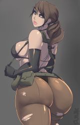 Rule 34 | 1girl, ass, bikini, black pantyhose, brown hair, front-tie bikini top, front-tie top, frown, green eyes, highleg, highleg bikini, highres, huge ass, live for the funk, long hair, looking at viewer, looking back, metal gear (series), metal gear solid v: the phantom pain, pantyhose, ponytail, pouch, quiet (metal gear), skin tight, solo, swimsuit, thighs, torn clothes, torn pantyhose