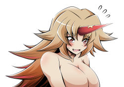 Rule 34 | 1girl, blush, breasts, brown eyes, brown hair, commentary request, hidefu kitayan, highres, horns, hoshiguma yuugi, large breasts, long hair, looking at viewer, nude, oni horns, smile, solo, sweatdrop, touhou, upper body, wavy mouth, white background
