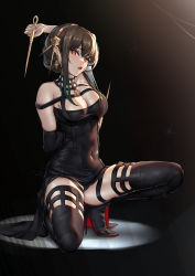 Rule 34 | 1girl, absurdres, black background, black dress, black footwear, black hair, blush, boots, breasts, cleavage, covered navel, dress, dynamotor, earrings, full body, high heel boots, high heels, highres, jewelry, kneeling, large breasts, looking at viewer, medium hair, on one knee, parted lips, red eyes, spy x family, stiletto boots, stiletto heels, thigh boots, thighhighs, thighs, two-sided dress, two-sided fabric, weapon, yor briar