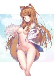 Rule 34 | 1girl, animal ears, blush, breasts, brown hair, cleft of venus, highres, holo, hong (white spider), long hair, looking at viewer, medium breasts, midriff, nipples, nude, orange eyes, pussy, smile, solo, spice and wolf, tail, thigh gap, wolf ears, wolf girl, wolf tail