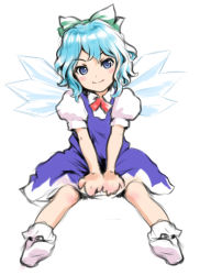 Rule 34 | 1girl, bad id, bad pixiv id, blue dress, blue eyes, blue hair, blue skirt, blush, bow, child, cirno, dress, hair bow, ice, ice wings, light smile, matching hair/eyes, sano toshihide, shirt, short hair, simple background, sitting, skirt, smile, socks, solo, touhou, v arms, wavy hair, white background, wings