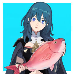 Rule 34 | 1girl, animal, aqua background, arm guards, armor, armored dress, black cape, black dress, blue eyes, blue hair, blue theme, bodice, bustier, byleth (female) (fire emblem), byleth (fire emblem), cape, dress, fire emblem, fire emblem: three houses, fish, head tilt, holding, holding animal, holding fish, kitano ririo, long hair, looking at viewer, nintendo, red snapper, shoulder armor, simple background, solo, tassel, turtleneck, upper body