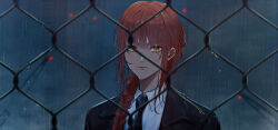 Rule 34 | 1girl, absurdres, black coat, black necktie, blunt bangs, braid, braided ponytail, business suit, chain-link fence, chainsaw man, closed mouth, coat, collared shirt, commentary request, fence, formal, hama m, highres, long hair, looking at viewer, makima (chainsaw man), necktie, open clothes, open coat, outdoors, rain, red hair, ringed eyes, shirt, sidelocks, solo, suit, white shirt, yellow eyes