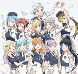 6+girls :d aqua_hair arashi_chisato arched_bangs arm_around_neck arm_up black_hair black_hairband black_hat black_jacket black_necktie black_ribbon blonde_hair blue_eyes blue_hair blunt_bangs braid braided_twintails brown_hair circle_hands circle_hands_duo collared_dress cropped_jacket double_bun dress everyone finger_gun green_eyes grey_hair grin hair_bun hair_ribbon hairband hand_up hat hazuki_ren heanna_sumire high_ponytail highres holding_hands interlocked_fingers jacket jungle_zzz light_brown_hair locked_arms long_hair love_live! love_live!_superstar!! low_twin_braids low_twintails medium_hair mini_hat multiple_girls necktie offering_hand official_alternate_costume onitsuka_natsumi onitsuka_tomari open_hand open_mouth orange_hair pinstripe_hat pinstripe_jacket pinstripe_pattern ponytail puffy_short_sleeves puffy_sleeves purple_eyes purple_hair red_eyes red_hair ribbon sakurakoji_kinako shekira_(love_live!) shibuya_kanon short-sleeved_jacket short_hair short_sleeves siblings single_side_bun single_sleeve sisters smile striped_ribbon tang_keke teeth tilted_hat twin_braids twintails upper_teeth_only v wakana_shiki white_background white_dress white_hat wien_margarete yellow_eyes yoneme_mei