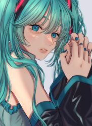 Rule 34 | 1girl, absurdres, aqua hair, armpit peek, bags under eyes, blue eyes, blue nails, detached sleeves, frilled sleeves, frills, grey shirt, hair between eyes, hatsune miku, highres, long hair, nail polish, norimaki (seidan0611), parted lips, shirt, simple background, solo, twintails, upper body, vocaloid, white background