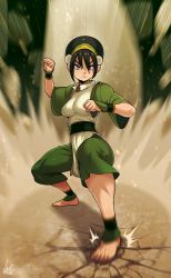 Rule 34 | 1girl, avatar: the last airbender, avatar legends, barefoot, belt, black hair, blind, breasts, clenched hands, culottes, dirty, dirty feet, dust cloud, element bending, facing viewer, fighting stance, full body, geokinesis, ground shatter, hairband, highres, jmg, medium breasts, motion blur, pelvic curtain, serious, short hair, grey eyes, solo, studded belt, toph bei fong, wristband