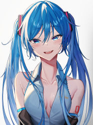 Rule 34 | 1girl, bare shoulders, bib (bibboss39), blue eyes, blue hair, breasts, cleavage, collarbone, commentary request, grey background, hair between eyes, hatsune miku, highres, long hair, looking at viewer, medium breasts, open mouth, simple background, smile, solo, twintails, upper body, vocaloid