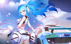 Rule 34 | 1girl, aqua eyes, aqua hair, ass, audi, audi r8, blurry, breasts, cangkong, car, cherry blossoms, cloud, cloudy sky, cowboy shot, day, depth of field, elbow gloves, gloves, goodsmile company, goodsmile racing, hatsune miku, headphones, headset, highres, long hair, looking back, max factory, medium breasts, motor vehicle, race queen, racing miku, racing miku (2014), sky, smile, solo, sun, thighhighs, twintails, very long hair, vocaloid