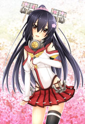 Rule 34 | 1girl, anchor, baretto, baretto (firearms 1), black hair, black thighhighs, blush, brown eyes, cosplay, detached sleeves, flower, hair flower, hair ornament, highres, k-on!, kantai collection, long hair, nakano azusa, single thighhigh, skirt, solo, taketatsu ayana, thighhighs, voice actor connection, yamato (kancolle), yamato (kancolle) (cosplay)