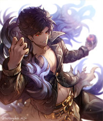 Rule 34 | 1boy, abs, belial (granblue fantasy), belt, black hair, black shirt, granblue fantasy, granblue fantasy (style), highres, hotaruika niji, looking at viewer, male focus, open clothes, pants, pectorals, red eyes, shirt, simple background, smile, solo