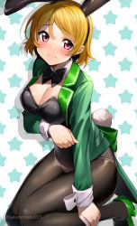 Rule 34 | 1girl, absurdres, animal ears, arm under breasts, black bow, black bowtie, black leotard, black pantyhose, blush, bow, bowtie, breast hold, breasts, brown hair, closed mouth, coat, collar, detached collar, embarrassed, fake animal ears, fake tail, green coat, green footwear, highres, kneeling, koizumi hanayo, leotard, leotard under clothes, long sleeves, looking at viewer, love live!, love live! school idol project, nakano maru, pantyhose, pink eyes, playboy bunny, rabbit ears, rabbit tail, raised eyebrows, short hair, solo, star (symbol), tail, twitter username, white collar, wrist cuffs