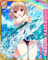 Rule 34 | 1girl, bare legs, barefoot, blonde hair, blue skirt, blush, rabbit hair ornament, character name, cleaning, competition swimsuit, girlfriend (kari), hair between eyes, hair ornament, holding, kazemachi haruka, looking at viewer, official art, one-piece swimsuit, open mouth, outdoors, pink eyes, plaid, plaid skirt, qp:flapper, school uniform, short hair, short sleeves, skirt, smile, solo, sparkle, spraying, standing, swimsuit, swimsuit under clothes, water hose, wet