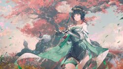 Rule 34 | 1girl, 2others, absurdres, autumn leaves, blunt bangs, breasts, brown eyes, chinese clothes, cleavage, dark green hair, detached sleeves, dress, floating, floating object, gloves, grass, green dress, green hair, hair ornament, hair stick, hairpin, hanying (punishing: gray raven), highres, horns, jewelry, large breasts, leaf, light smile, long hair, maple leaf, mechanical parts, mole, mole under eye, multiple others, necklace, off-shoulder dress, off shoulder, on grass, outdoors, partially fingerless gloves, punishing: gray raven, qilin (mythology), standing, thigh strap, thighs, tree, white hair, yanderenasa