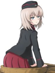 Rule 34 | 1girl, arm support, black hat, black jacket, blue eyes, blush, closed mouth, commentary, dress shirt, from behind, frown, garrison cap, girls und panzer, hat, itsumi erika, jacket, kuromorimine military uniform, leaning forward, light blush, long sleeves, looking at viewer, looking back, medium hair, military, military hat, military uniform, omachi (slabco), pleated skirt, red skirt, shirt, silver hair, simple background, skirt, solo, tank cupola, throat microphone, uniform, white background