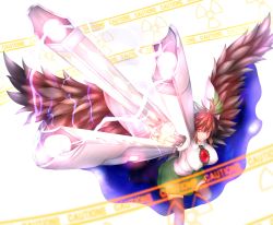 Rule 34 | 1girl, alternate weapon, arm cannon, bird wings, black thighhighs, bow, breasts, brown hair, cape, caution, female focus, glowing, glowing weapon, hair bow, highres, large breasts, looking at viewer, radiation symbol, red eyes, reiuji utsuho, shirt, skirt, solo, space, sparks, takaman (gaffe), thighhighs, third eye, touhou, wave motion gun, weapon, wings, zettai ryouiki