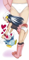 Rule 34 | 1girl, babee, black socks, blue hair, boots, closed eyes, clothes lift, creatures (company), dawn (pokemon), game freak, gen 4 pokemon, hat, heart, heart-shaped eyes, highres, kneehighs, long hair, miniskirt, nintendo, object on head, panties, panties on head, pantyshot, pink footwear, piplup, pokemon, pokemon (anime), pokemon (creature), pokemon dppt (anime), simple background, skirt, skirt lift, smile, socks, underwear, white panties