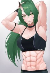 Rule 34 | 1girl, abs, absurdres, aderi, arknights, armlet, armpits, arms up, black choker, breasts, choker, cleavage, green hair, hair tie, hair tie in mouth, high ponytail, highres, horns, hoshiguma (arknights), large breasts, long hair, looking at viewer, mouth hold, muscular, muscular female, navel, scar, scar on face, simple background, single horn, skin-covered horns, slit pupils, sports bra, tying hair, wristband, yellow eyes