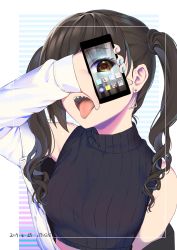 Rule 34 | 1girl, absurdres, arm up, armpits, artist name, black sweater, blue nails, breasts, brown eyes, brown hair, cellphone, covering own eyes, dated, heart, heart-shaped pupils, highres, holding, holding phone, idolmaster, idolmaster cinderella girls, jacket, long hair, long sleeves, medium breasts, mokyutan, nail polish, off shoulder, open clothes, open jacket, open mouth, phone, purple nails, sharp teeth, smartphone, solo, striped, striped background, sunazuka akira, sweater, symbol-shaped pupils, teeth, tongue, tongue out, twintails, upper teeth only, white jacket