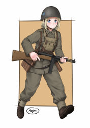 Rule 34 | &gt;:(, ammunition pouch, baggy pants, blonde hair, blue eyes, blush, boots, coat of arms, collared jacket, combat boots, commentary, english commentary, frown, gun, harness, helmet, highres, holding, holding weapon, insignia, jacket, looking at viewer, mardjan, medium hair, military, military jacket, military rank insignia, military uniform, mixed-language commentary, original, pants, pouch, shoulder strap, signature, simple background, strap, submachine gun, suomi kp/-31, swedish commentary, swedish uniform, tre kronor, trigger discipline, uniform, weapon